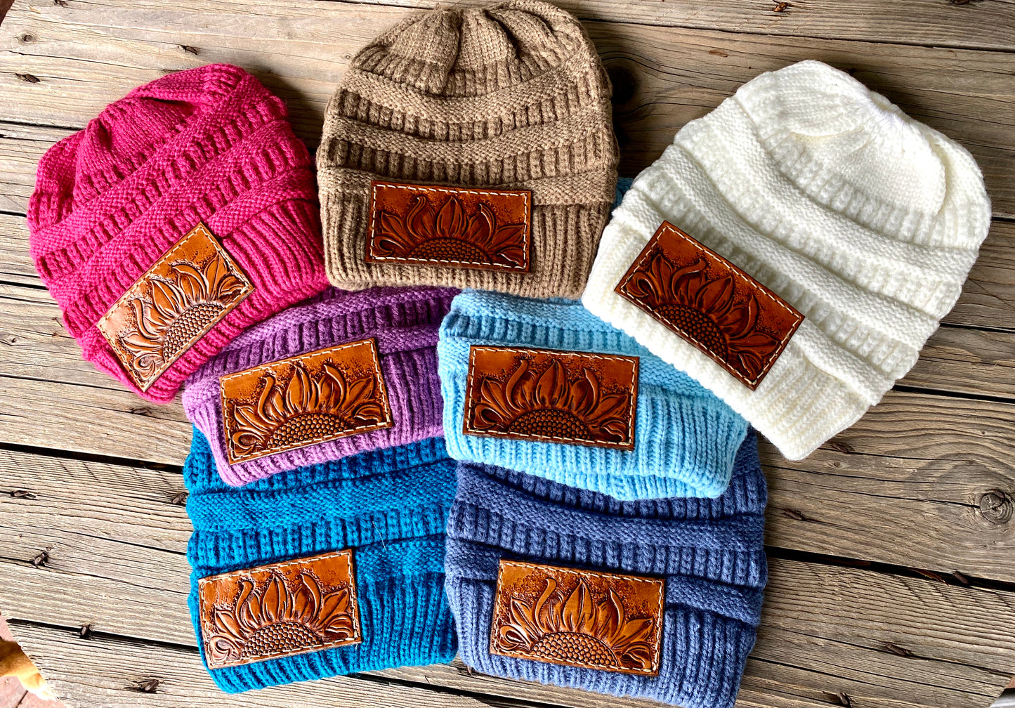 Tooled Patch Sunflower Beanies (Teal/Purple/Hot Pink)