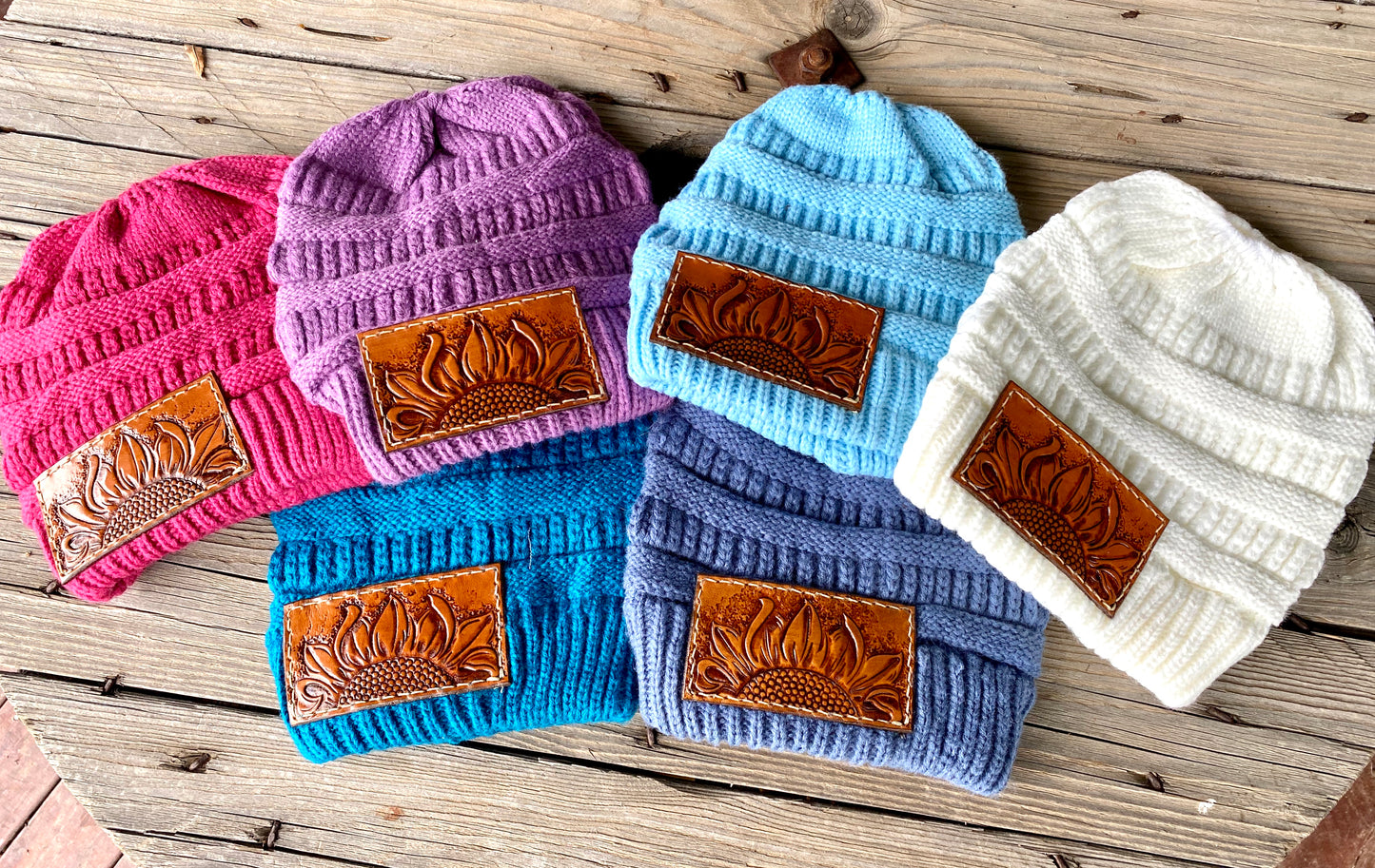 Tooled Patch Sunflower Beanies (Teal/Purple/Hot Pink)