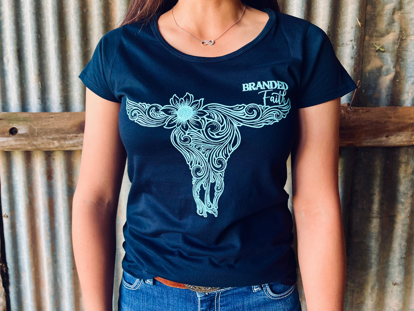 Cow Skull Navy Scoop Neck Tee