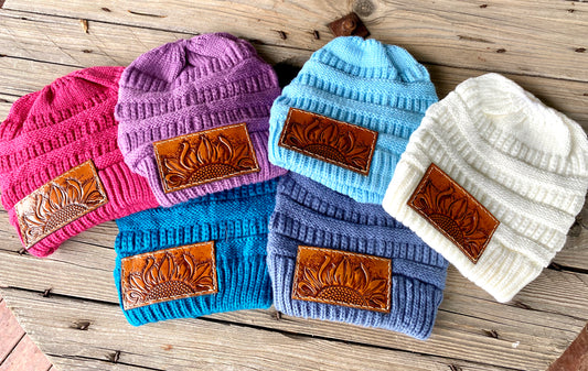 Tooled Patch Sunflower Beanies (Teal/Purple/Hot Pink)